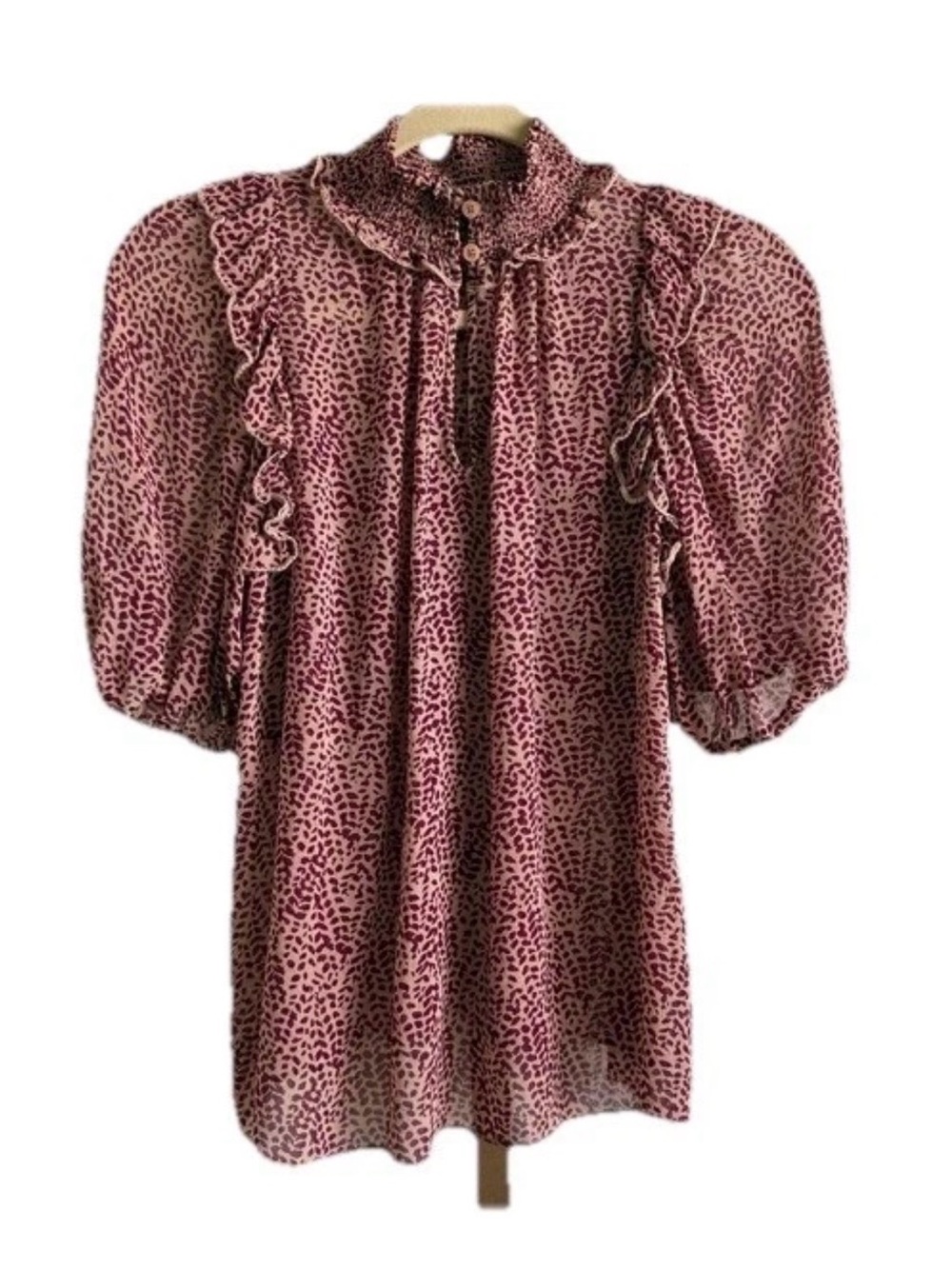 Joie Women's Top Blouse Smocking Ruffles Dot Pattern Burgundy Cream Size Small
